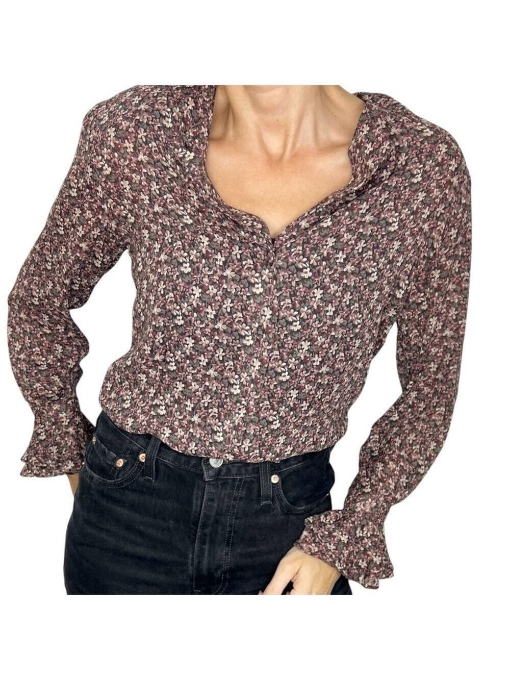Vintage Rena Rowan dark floral chiffon flare cuff blouse 2